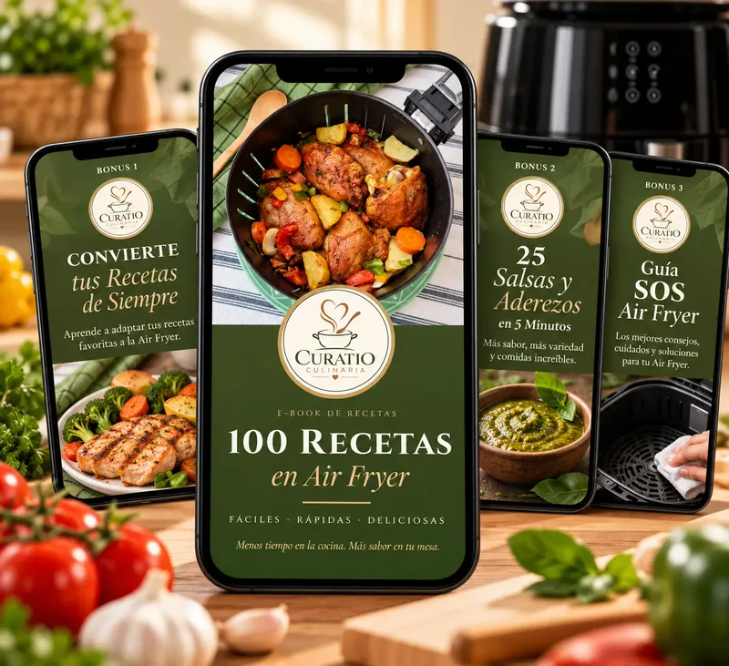 E-book 100 Recetas en Air Fryer en celular junto con los 3 bonos: Convierte tus Recetas de Siempre, 25 Salsas y Aderezos en 5 Minutos y Guía SOS Air Fryer
