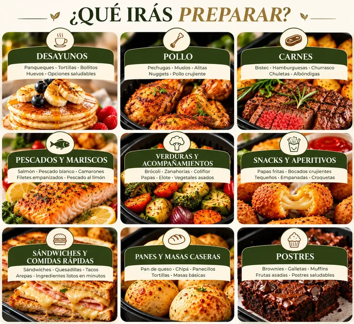 ¿Qué irás preparar? Categorías del e-book: desayunos, pollo, carnes, pescados y mariscos, verduras y acompañamientos, snacks y aperitivos, sándwiches y comidas rápidas, panes y masas caseras, y postres